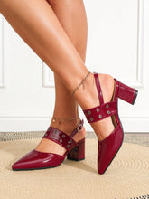 Bordeaux Red Foot Strap Handmade Rivet Combined Adjustable Buckle Chunky Heel Pumps